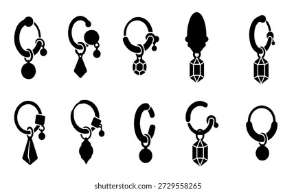 Elegant hanging earring silhouette vector illustration featuring stylish hoop designs and crystal pendant drops for fashion jewelry catalog branding assets