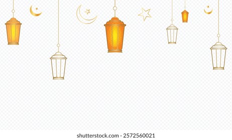 Elegant hanging lanterns featuring a crescent moon and stars, designed for an Islamic-themed background.