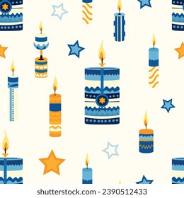 Elegante patrón vectorial Hanukkah Las velas radiantes iluminan el diseño con un toque de tradición, capturando el espíritu del Festival de las Luces.