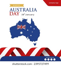 Elegant Happy Australia Day 26 January Greeting Card. Design with Australia Map,Flag,Ribbon and Social Media Spots. Editable Design for Banner,Poster, Advertisement, and Printing Document.