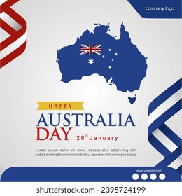 Elegant Happy Australia Day Greeting Card. Design with Australia Map,Flag,Ribbon and Social Media Spots. Editable Design for Banner,Poster, Advertisement, and Printing Document. 