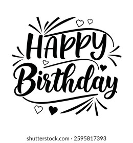 Elegant Happy Birthday Calligraphy Design with Decorative Elements and Hearts

