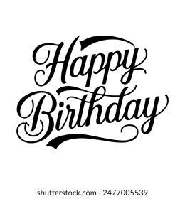 Elegant happy birthday calligraphy, perfect for greeting cards, party invitations, and celebration banners, featuring stylish script font and sophisticated design