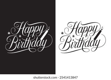 Elegant happy birthday calligraphy, perfect for greeting cards, party invitations, and celebration banners, featuring stylish script font and sophisticated design