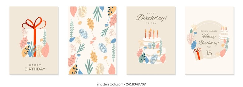 Elegant Happy Birthday celebration cards, invitation, poster, flyer, banner, email header in soft colors. Greeting abstract design with cake and gift. Templates in simple style, typography design