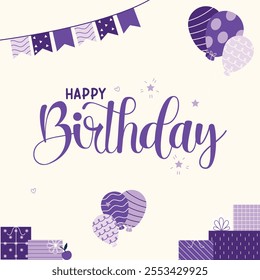 Elegant Happy Birthday Greeting Card Design with Purple and White Theme. Perfect for Social Media Posts, Invitations, and Celebrations. Includes Balloons, Gifts, and Party Decorations.