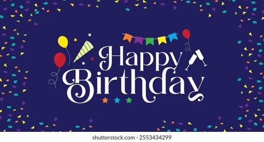 Elegant Happy Birthday Greeting Card with Dark Blue Theme, Balloons, and Stars. Perfect for Social Media Posts, Party Invitations, and Festive Celebrations. Cheerful and Stylish Design.