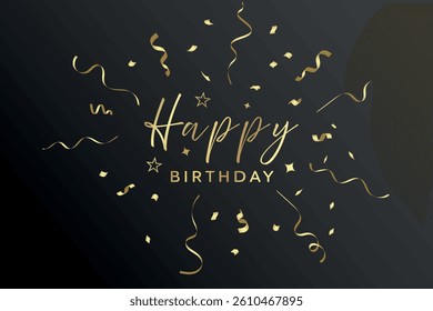 Elegant "Happy Birthday" illustration with golden confetti, ribbons, and stars on a dark background – perfect for festive celebration themes.