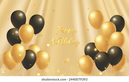 Elegant Happy Birthday party celebration card banner template with gold and black balloons