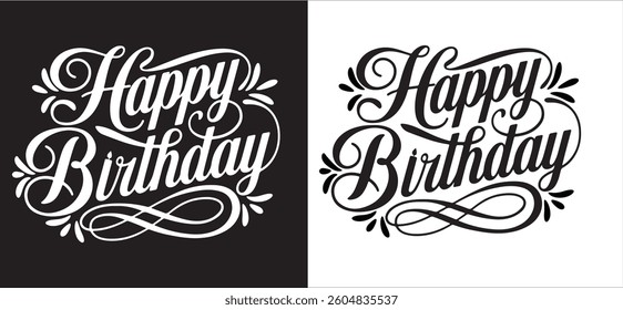 "Elegant Happy Birthday Typography Design with Decorative Flourishes, Vintage Script Lettering, and Stylish Calligraphy for Greeting Cards, Invitations, Posters, and Celebration Prints."
