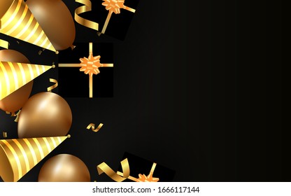 Elegant happy birthday and wishes celebration vector design with golden balloons, confetti, and hat illustration. Can use for element greeting card, post card, invitation, poster celebration, flyer