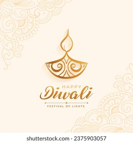 elegantes Diwali Festival der Lichter wünscht Karte mit künstlerischem Diya. Übersetzung: Happy Diwali bedeutet Lichtfestival