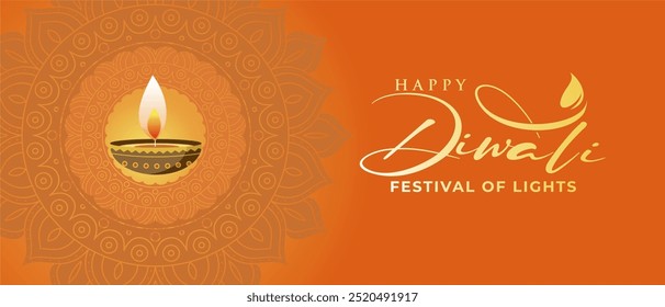 Elegante Feliz Diwali Festival de Luzes 2024 Banner com Diya bonita, tipografia e padrão Mandala. Índia Deepavali Fundo, Saudação, Cartaz, Modelo, Ilustração de vetor, Venda, Feed. 