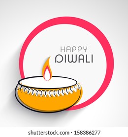 Elegant Happy Diwali greeting card or background with illuminated colorful oil lit lamp on abstract grey and pink background. 