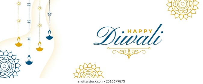 elegant happy diwali greeting white banner. hanging artistic diya vector