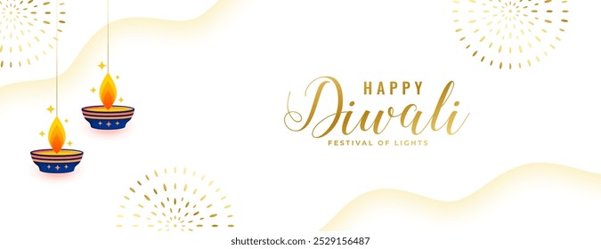 Elegante Anuncio blanco feliz del saludo de Diwali con el Vector colgante de Diya