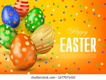 Elegant Happy Easter greeting card, flyer, poster or banner vector template with multicolored realistic 3D eggs and confetti on yellow orange background
