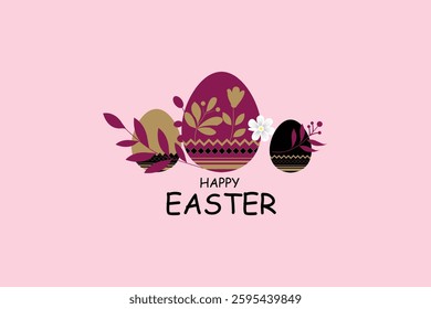 Elegant Happy Easter Greeting Card with Decorative Eggs and Floral Elements on a Pink