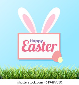 Elegant happy easter greetings design with rabbit ears, eggs, grass and blue sky. Vector editable design