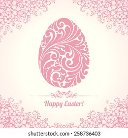 Elegant Happy Easter template. Vector illustration. Design invitation, banner, greeting card. Ornate egg on floral background