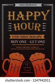 Elegant Happy Hours flyer, banner or template design with frame on black background. Vintage concept background, art template, retro elements, logo, labels, layout, badge, old banner, card.