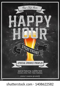 Elegant Happy Hours flyer, banner or template design with beer glass on chalkboard background. Vintage concept background, art template, retro elements, logo, labels, layout, badge, old banner, card.