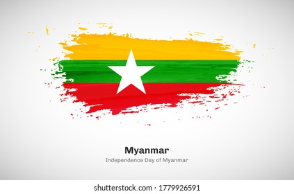 Elegant happy independence day of Myanmar country with grungy watercolor country flag background