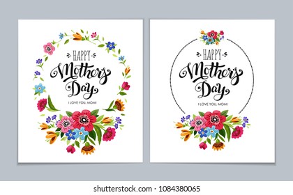 Elegant Happy Mother's Day cards on light blue background. Lettering Happy Mother's Day in flower frame. Lettering decorated with vector flowers