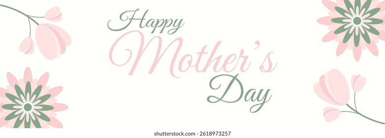 Elegante Feliz Dia das Mães floral cartão de saudação Site Banner com flores cor-de-rosa e folhas verdes no fundo pastel