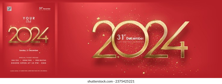 Elegant happy new year 2024 design. With luxury gold numbers on a solid red background. Premium design for new year party.