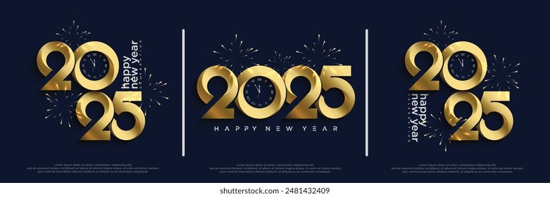 Elegant happy new year 2025 poster design. With a clean combination of gold and blue colors. Premium vector background happy new year 2025.