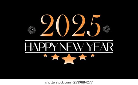 elegant happy new year 2025 celebration with gold calligraphy.