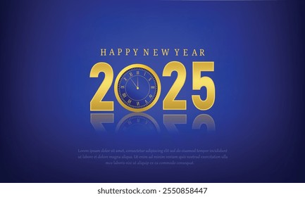 Elegant Happy New Year 2025 Celebration Background with Gold Numbers and Clock on Blue Gradient for Festive Holiday Designs, celebration, Holiday Wishes, and New Year Cards and Seasonal Greetings.
