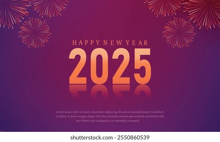 Celebración elegante feliz del año Nuevo 2025 sobre fondo vibrante con números de oro y fuegos artificiales para Diseños festivos de Festiva, celebración, deseos de Festiva y tarjetas de año Nuevo y saludos de temporada.