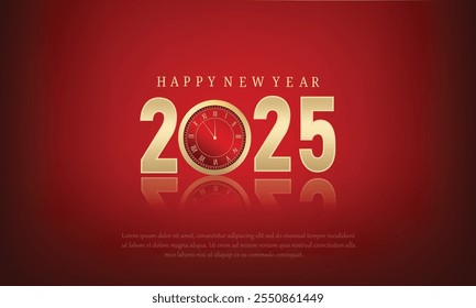 Elegant Happy New Year 2025 Celebration Background with Gold Numbers and Clock on Red Gradient for Festive 
Holiday Designs, celebration, Holiday Wishes, and New Year Cards and Seasonal Greetings.
