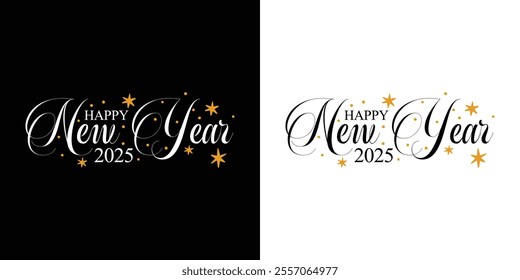 Elegant Happy New Year 2025 Typography Design, Handwritten Calligraphy with Golden Stars and Minimal Decorations. Perfect for Greeting Cards, Posters, Social Media, Invitations, and Holiday banner