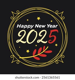 Elegant Happy New Year 2025 design with golden frame, stars, and red leaf accent