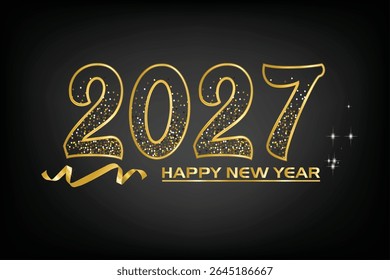 Elegant "Happy New Year 2027" design with shimmering gold glitter typography on a black background, perfect for luxury-themed celebrations, invites, and greetings.