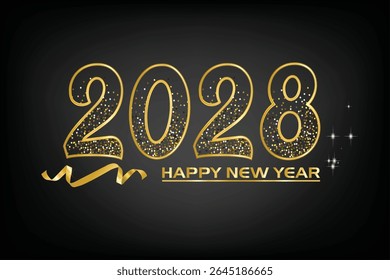 Elegant "Happy New Year 2028" design with shimmering gold glitter typography on a black background, perfect for luxury-themed celebrations, invites, and greetings.