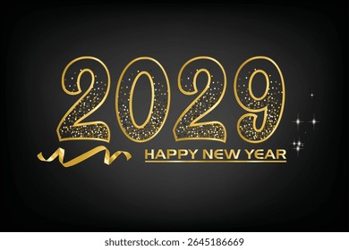 Elegant "Happy New Year 2029" design with shimmering gold glitter typography on a black background, perfect for luxury-themed celebrations, invites, and greetings.