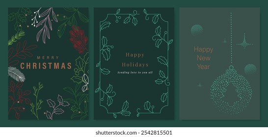 Elegant Happy New Year card with little star, pine leaves, snowflake on emerald green background. Design for Season's Greeting, Christmas, cover.