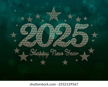 Elegante diseño de tarjeta de felicitación de feliz año Nuevo con patrón de remolino floral 2025 número y estrellas en fondo verde Bokeh.