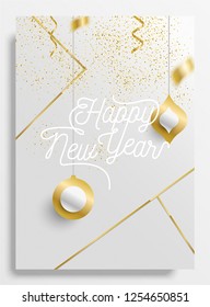 Elegant Happy New Year typography. Creative golden elements, confetti and glitter on bright background. ideal for ad, cover, poster, banner, social media, sale, offer, invitation, greeting, card.
