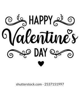 Elegant Happy Valentine's Day black and white typography with decorative swirls, ornament dividers, and hearts. Love lettering for greeting cards, social media posts, and marketing.