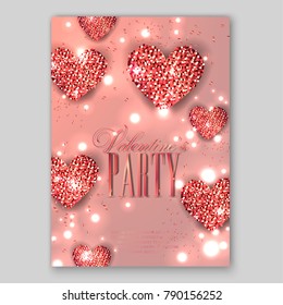 Elegant Happy Valentine's day festive sparkle Glitter red heart. Valentine day card Illustration. Wedding invitation card