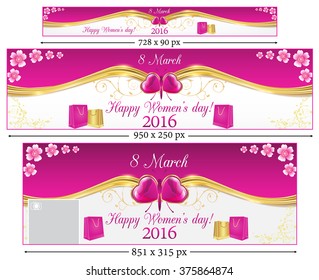 Elegant Happy Women's Day 2016 set web banners with flowers and shopping bags. Sizes: leader board. Contains place for your own text. Easy to modify or to adjust. All on separated layers.