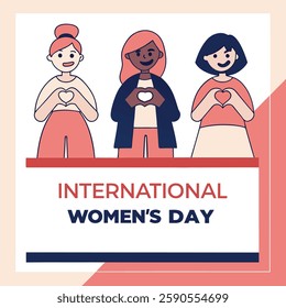 Elegant Happy Women's Day vector illustration featuring floral decorations, female silhouettes, and inspirational typography for greeting cards, posters, and social media.