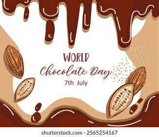 Elegant Happy World Chocolate Day Template with Melted Chocolate Background. Vector Illustration hand drawn.