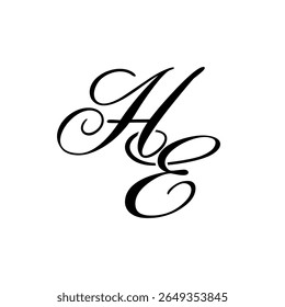 Elegante logotipo monograma HE em preto Script - Caligrafia de luxo Design inicial no fundo branco