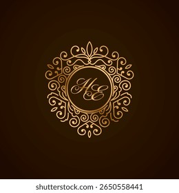 Elegant HE Monogram Logo with Golden Ornamental Frame on Dark Background – Luxury Initial Design